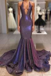 Long Mermaid Halter Sequins Semi Formal Prom Dresses